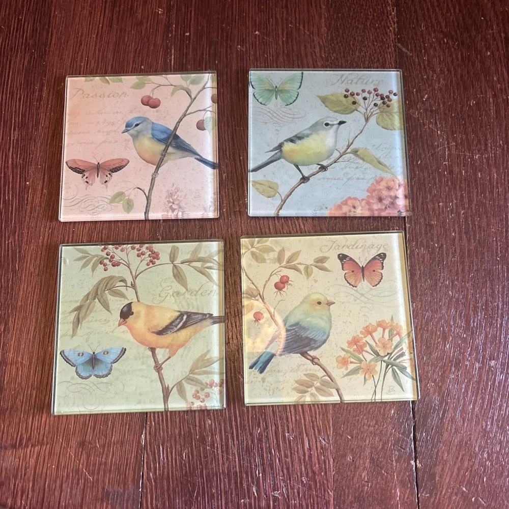 Vintage Glass Coasters with Stunning Bird Designs - Set of 4